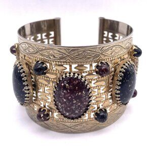 Engraved Oval Shape Wide Cuff Bracelet Gold Tone